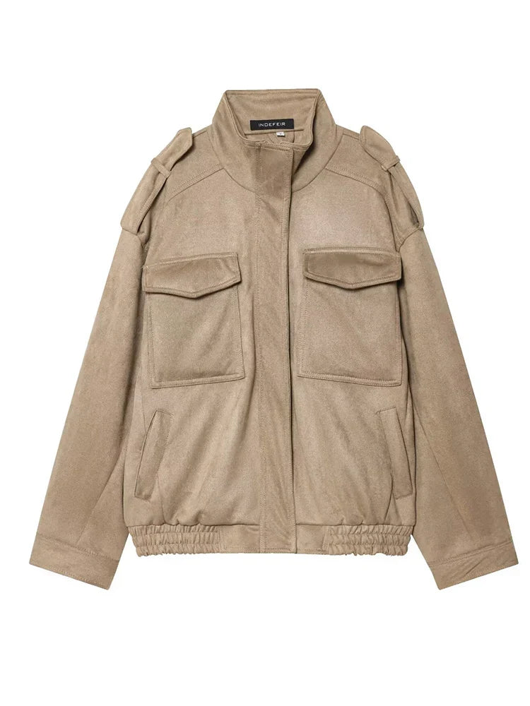 Veste bombardier femme rétro élégante toucher daim avec poches et col ouvert