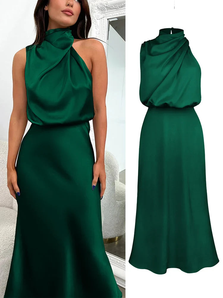 Robe Midi Élégante en Satin | Encolure Asymétrique & Silhouette Sublimée
