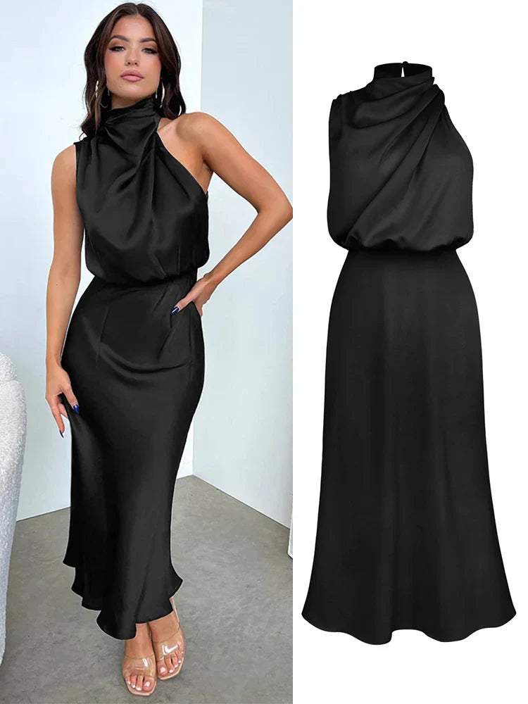 Robe Midi Élégante en Satin | Encolure Asymétrique & Silhouette Sublimée