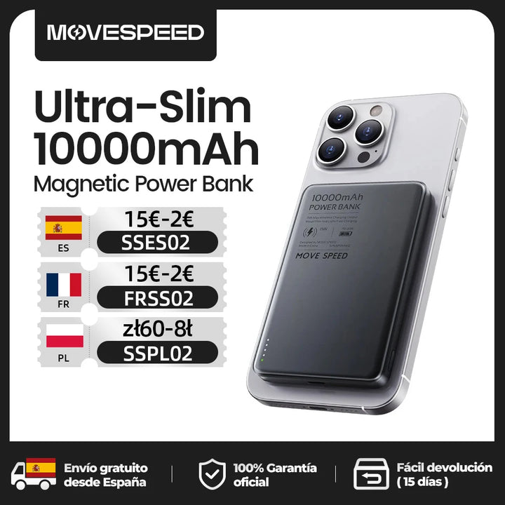 MOVESPEED S10 Batterie Externe Magnétique 10000mAh | Charge Rapide Sans Fil | Ultra-Fine et Portable