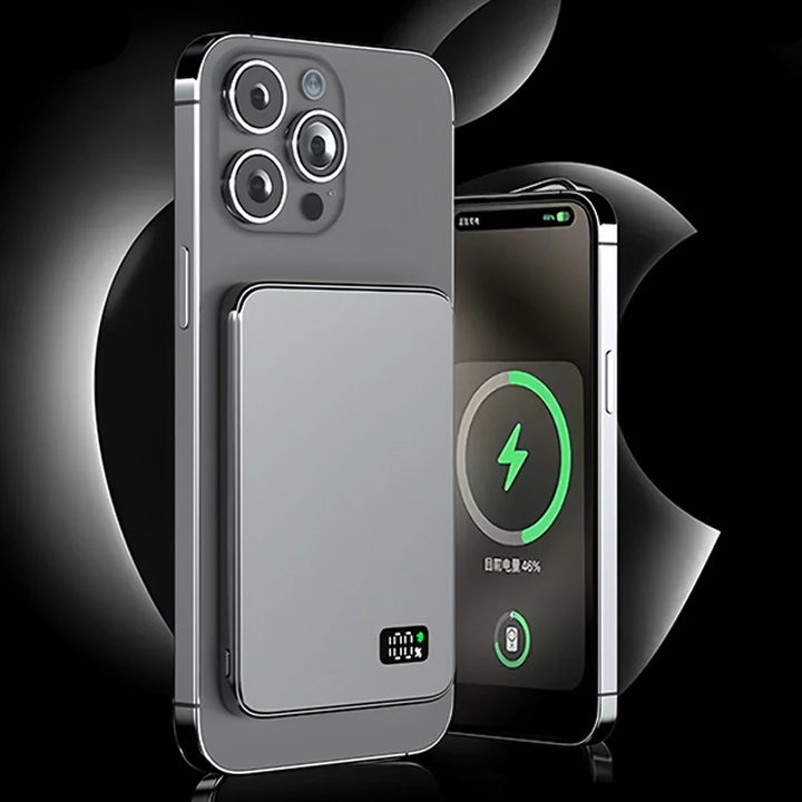 Bateria Externa Ultra Fina | Carregador Sem Fios Magnético Rápido com Ecrã LED para iPhone & Samsung
