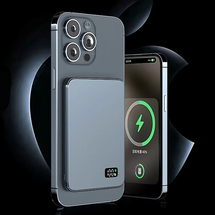 Bateria Externa Ultra Fina | Carregador Sem Fios Magnético Rápido com Ecrã LED para iPhone & Samsung