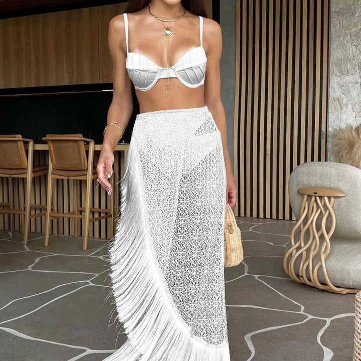 Conjunto playero Elisa Refined con falda de encaje y flecos elegantes | Bohemio y chic