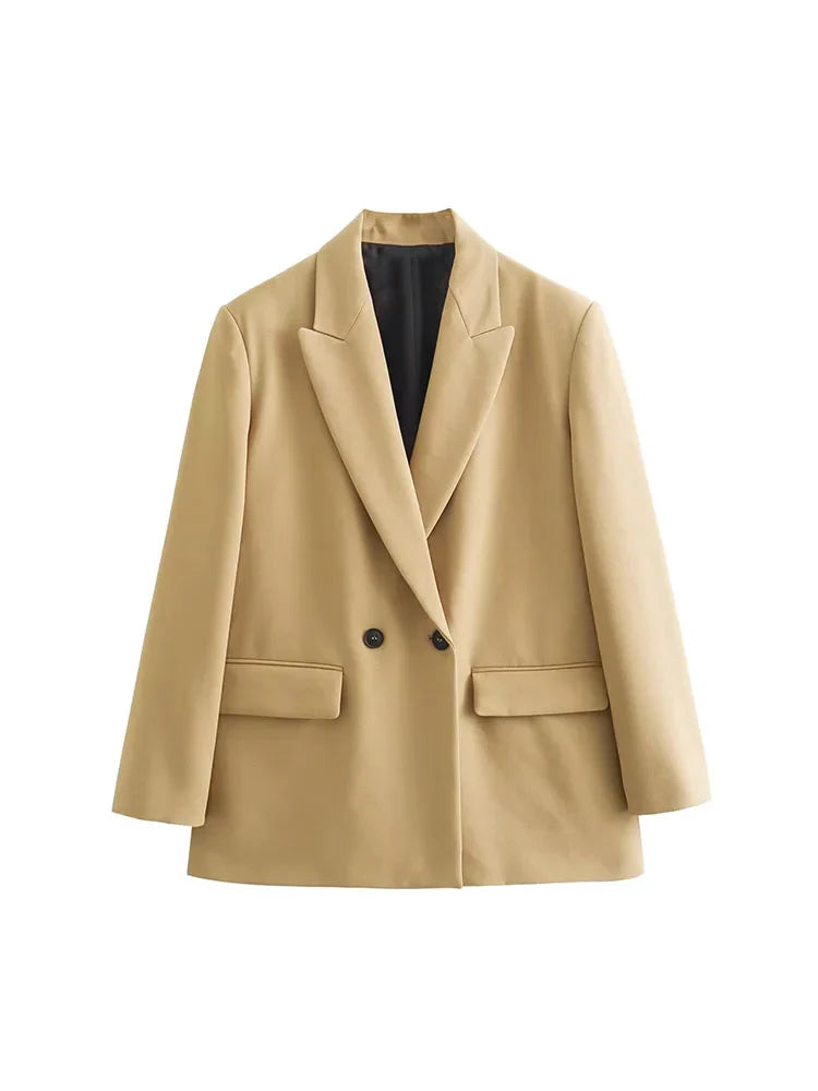 Blazer mujer doble abotonadura elegante corte recto amplio cuello con solapas mangas largas