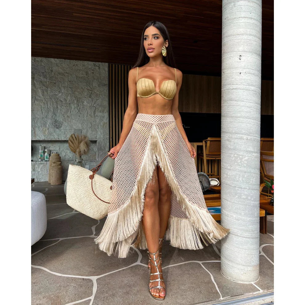Conjunto playero Elisa Refined con falda de encaje y flecos elegantes | Bohemio y chic