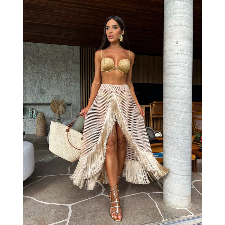 Conjunto playero Elisa Refined con falda de encaje y flecos elegantes | Bohemio y chic
