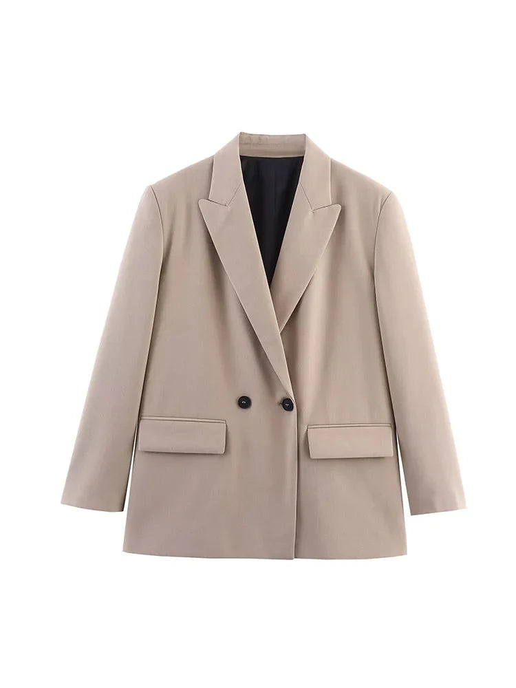 Blazer mujer doble abotonadura elegante corte recto amplio cuello con solapas mangas largas