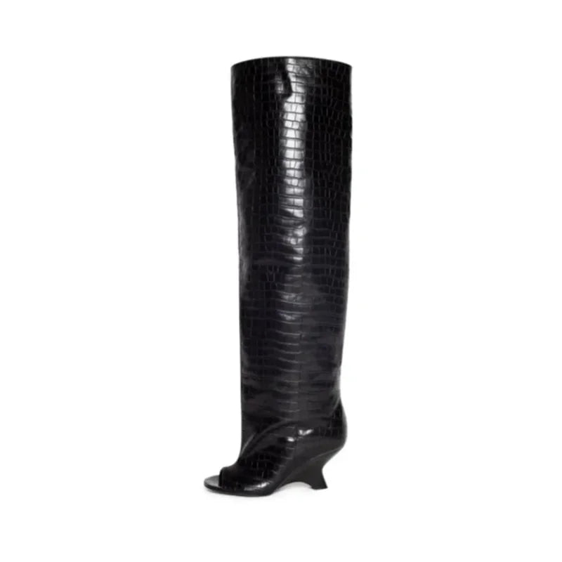 Peep Toe Bottes genou pour femmes | Bottes élégantes en daim talon compensé pour la fête & le mariage 2025