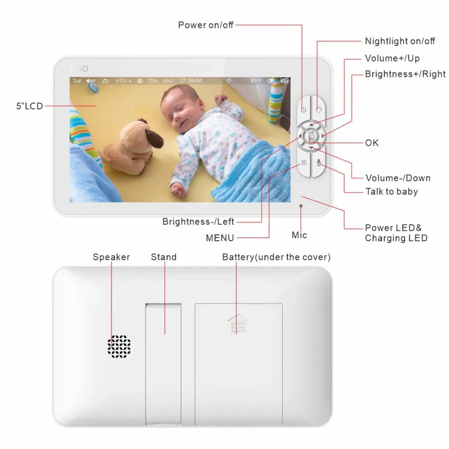 Moniteur Vidéo Bébé HD avec Écran 7" 1080p | Zoom 4x, Batterie 24h, Vision Nocturne, Sans WiFi Sécurisé