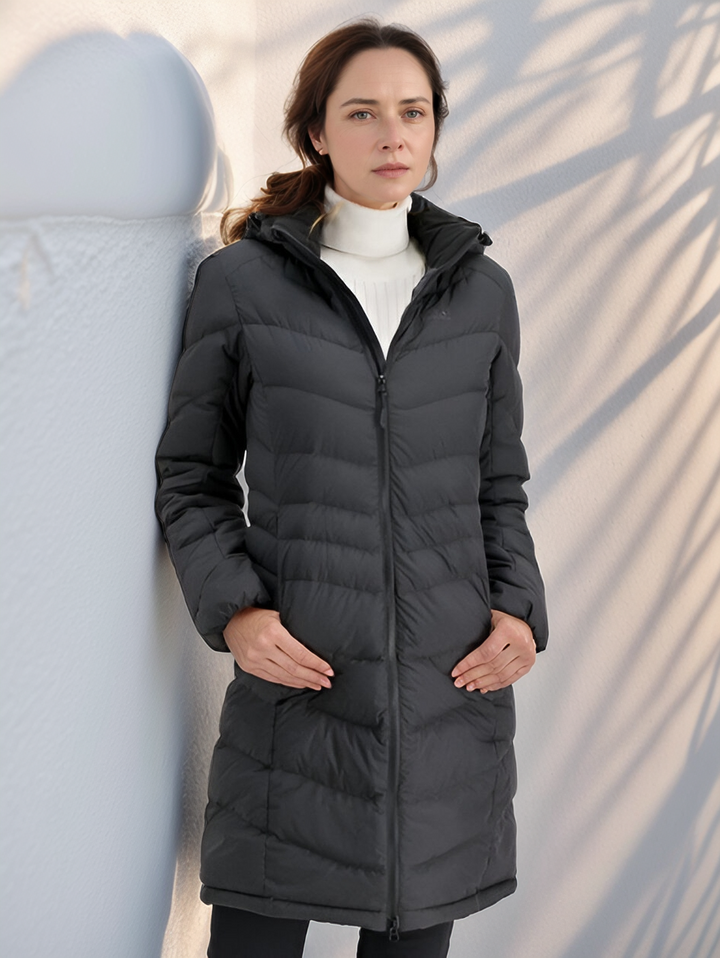Veste longue matelassée Eva femme – chaude, élégante avec capuche et rembourrage léger