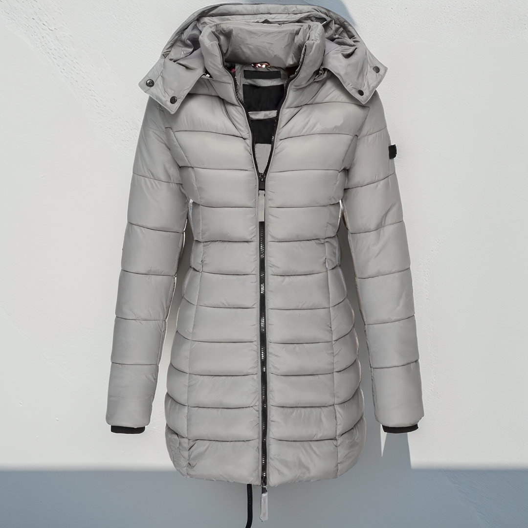 Veste longue matelassée Eva femme – chaude, élégante avec capuche et rembourrage léger