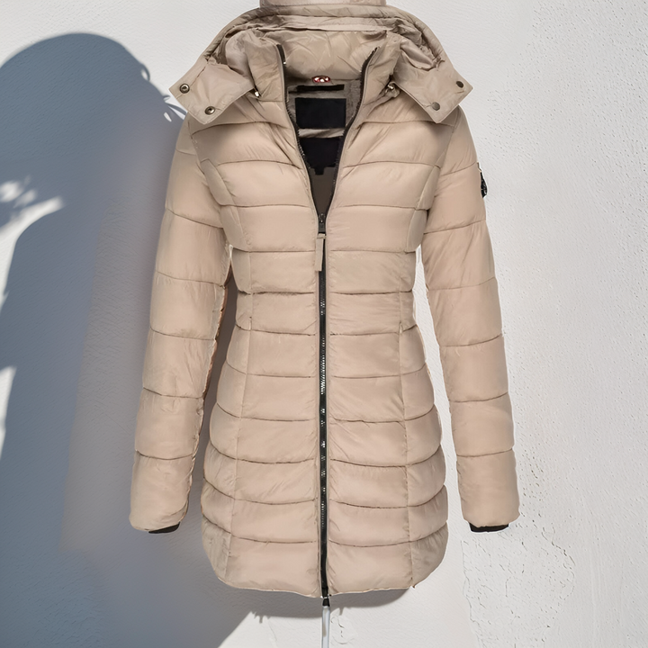 Veste longue matelassée Eva femme – chaude, élégante avec capuche et rembourrage léger