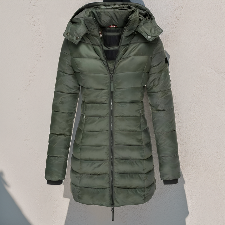 Veste longue matelassée Eva femme – chaude, élégante avec capuche et rembourrage léger