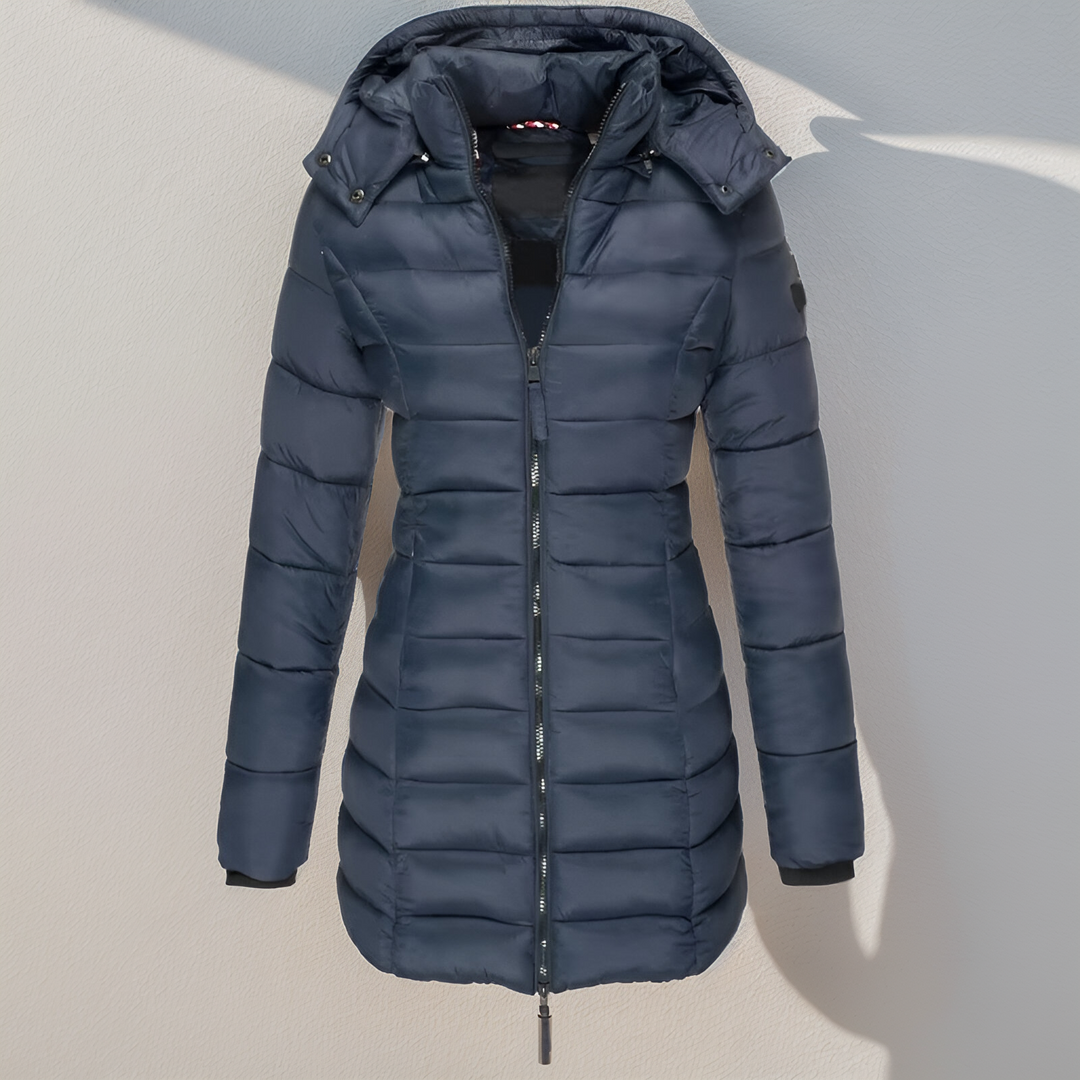 Veste longue matelassée Eva femme – chaude, élégante avec capuche et rembourrage léger