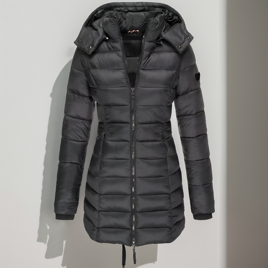 Veste longue matelassée Eva femme – chaude, élégante avec capuche et rembourrage léger