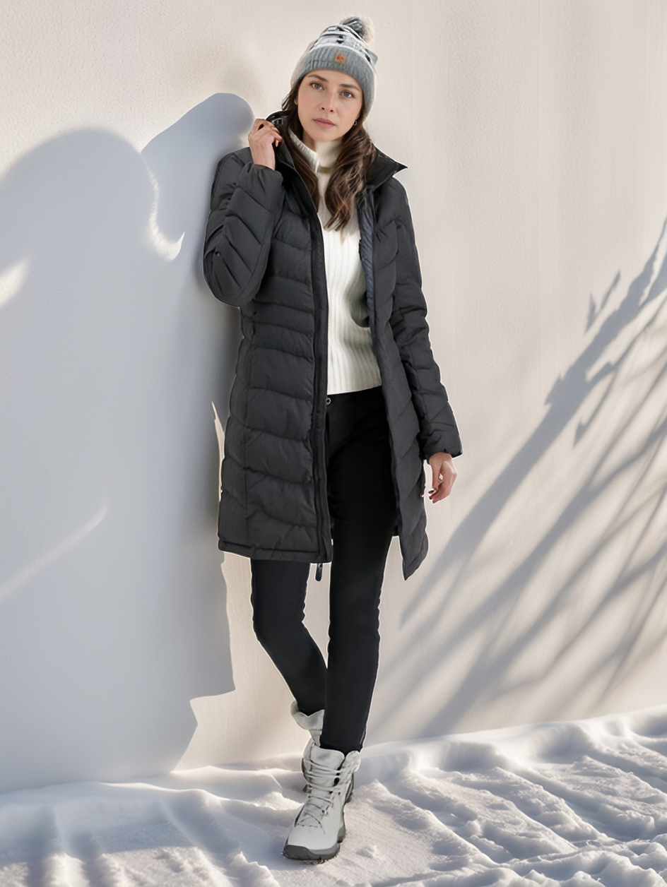 Veste longue matelassée Eva femme – chaude, élégante avec capuche et rembourrage léger