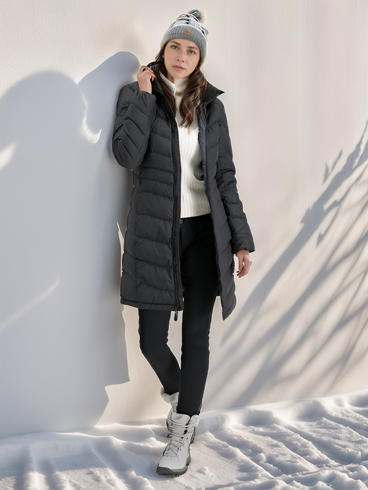 Veste longue matelassée Eva femme – chaude, élégante avec capuche et rembourrage léger