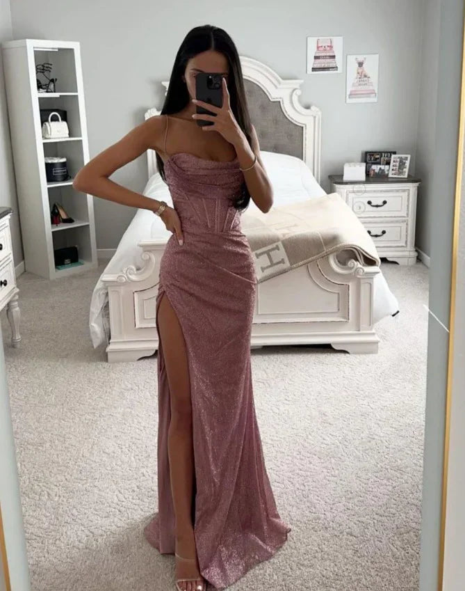Vestido con abertura en la espalda | Elegante vestido de verano con abertura llamativa y tela brillante