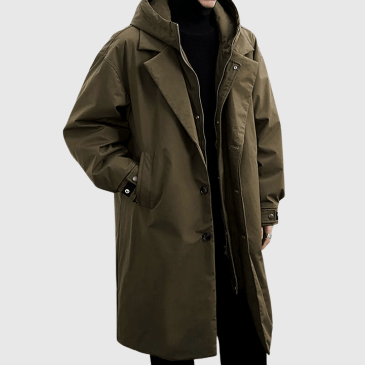 Sentinel | Manteau Long Minimaliste avec Capuche et Finition Déperlante