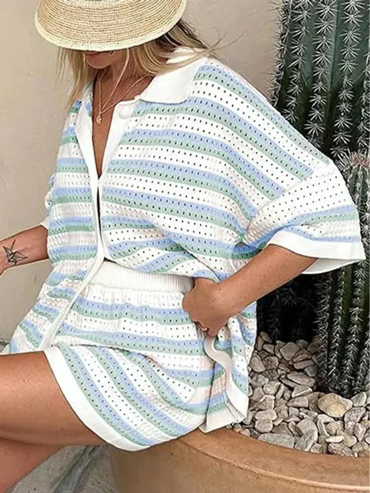Jenica | Ensemble d'été rayé aux couleurs pastel pour femmes - pour la plage & la ville
