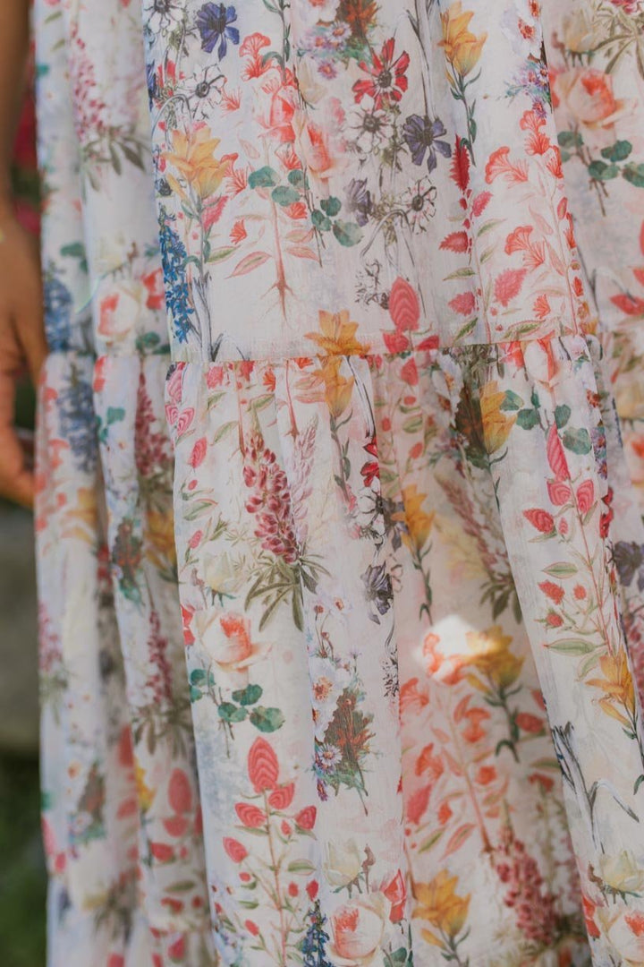 Abito midi con stampa floreale da donna Cordelia e corpetto arricciato | Arioso, femminile e adatto alla maternità