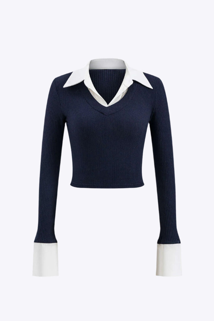 Rhea T-shirt manches longues pour femmes | Haut patchwork avec coupe cintrée & design moderne