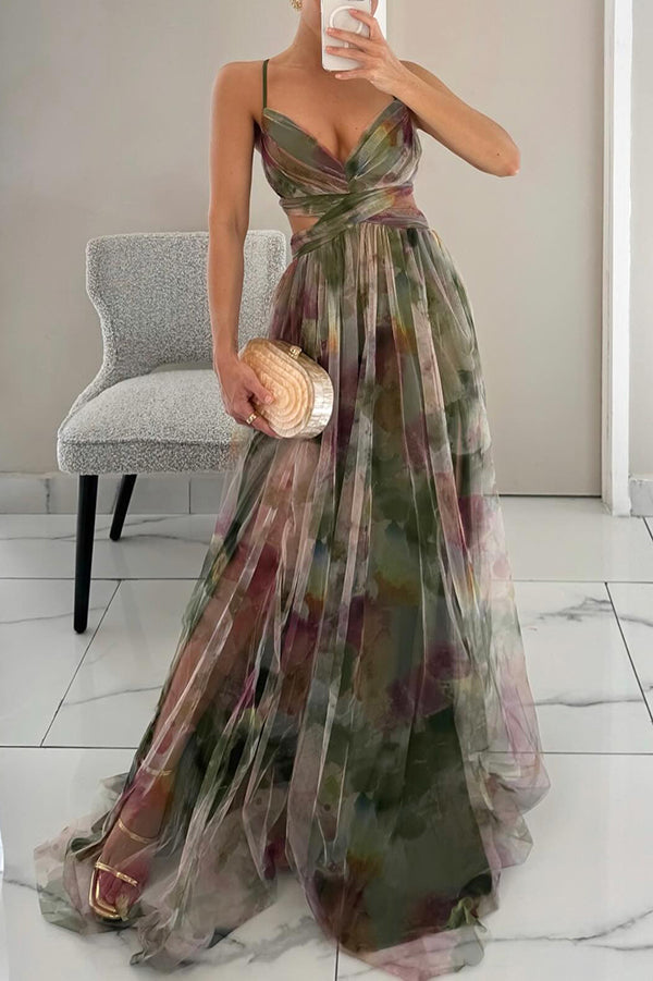 Abito lungo da donna Celeste | Abito in chiffon arioso con stampa floreale e spalline regolabili 