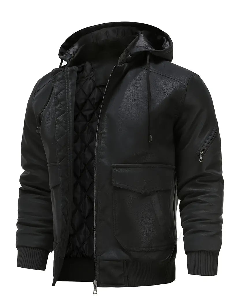 Veste intermédiaire homme aspect cuir velours avec capuche réglable et doublure matelassée