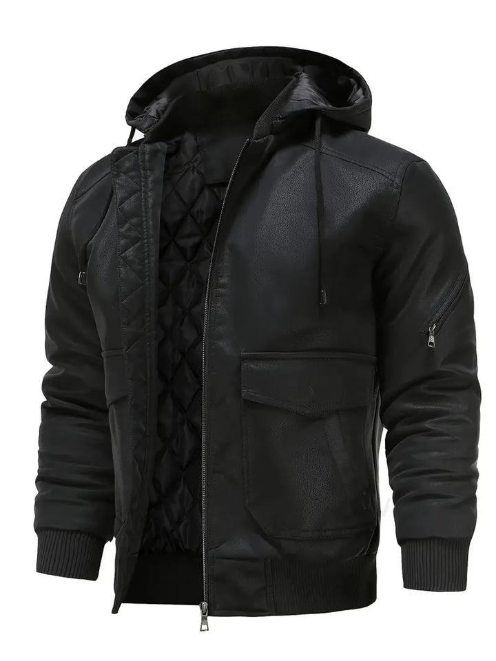 Veste intermédiaire homme aspect cuir velours avec capuche réglable et doublure matelassée