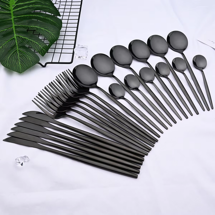 PureSet Set de Couverts 24 Pièces | Acier Inox Noir avec Couteaux à Steak