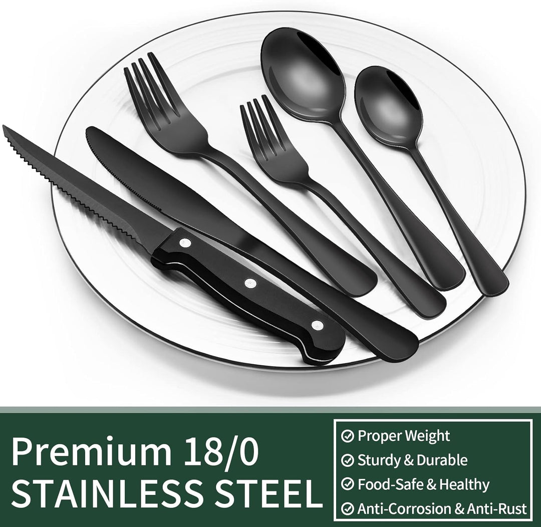 PureSet Set de Couverts 24 Pièces | Acier Inox Noir avec Couteaux à Steak