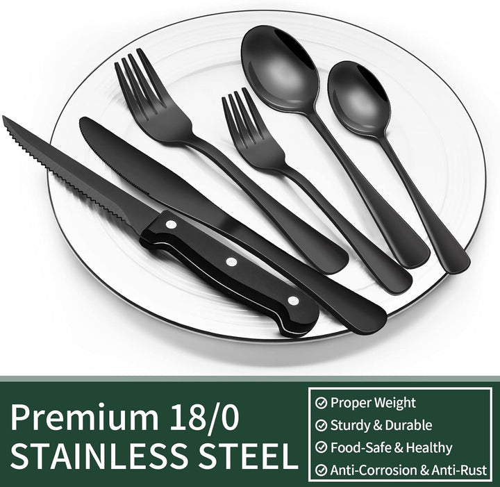 PureSet Set de Couverts 24 Pièces | Acier Inox Noir avec Couteaux à Steak