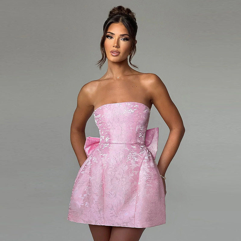 Fleurie Mini-robe pour femme | Robe jacquard sans bretelles avec noeud & laçage pour les occasions spéciales