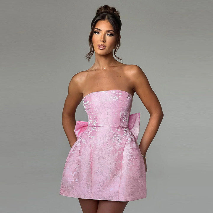 Fleurie Mini-robe pour femme | Robe jacquard sans bretelles avec noeud & laçage pour les occasions spéciales