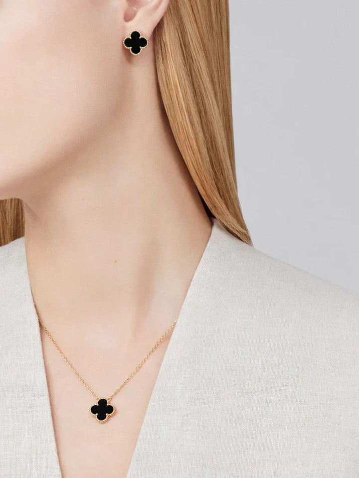 Conjunto de Joias Corbi Celeste Trevo Preto | Aço Inoxidável Banhado a Ouro 18K