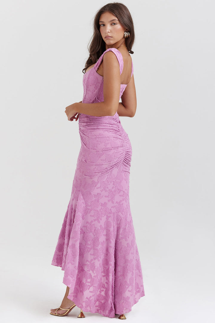 Vestido de noche Zoey para mujer | Vestido lila con encaje floral y bajo asimétrico