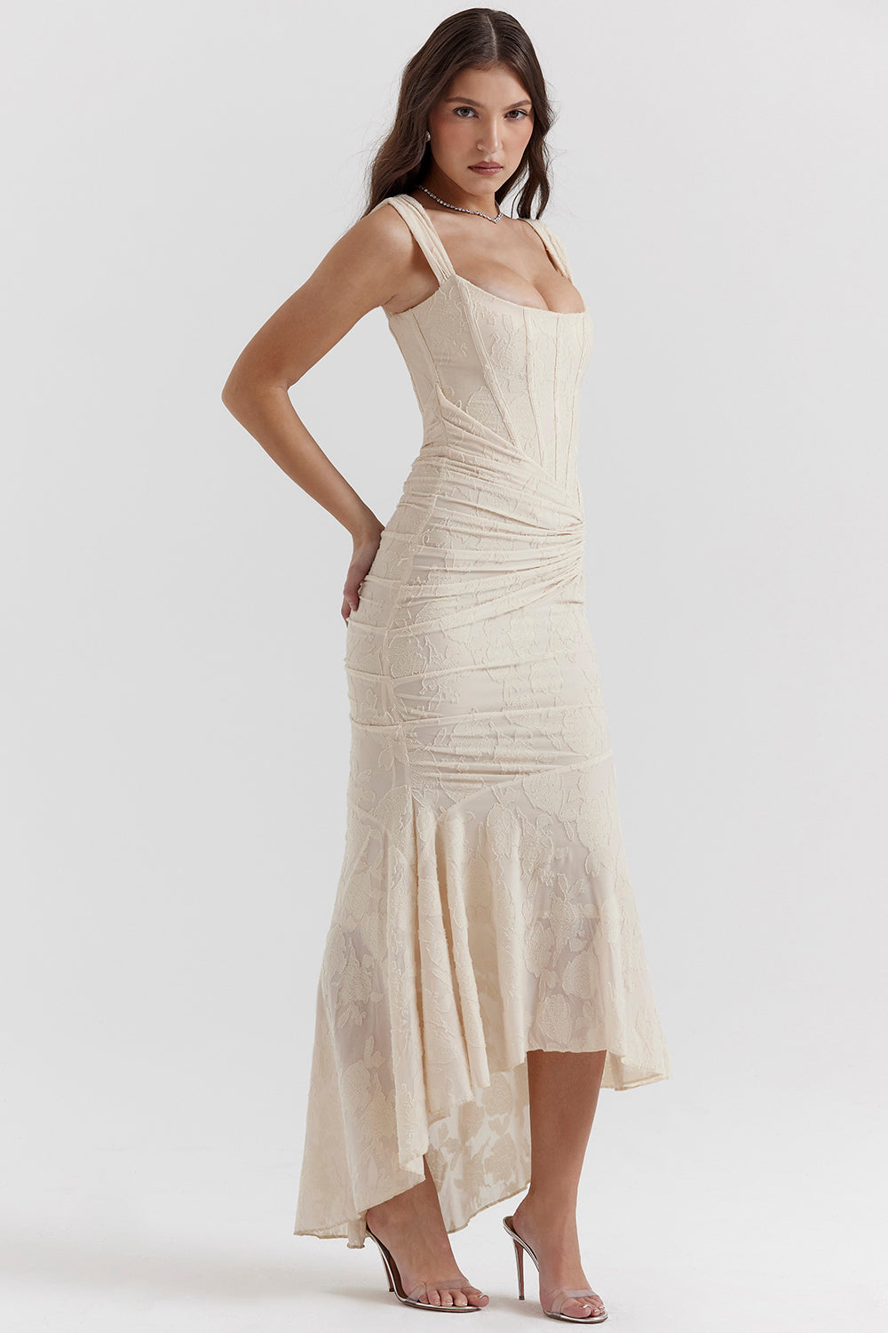Vestido de noche Zoey para mujer | Vestido lila con encaje floral y bajo asimétrico