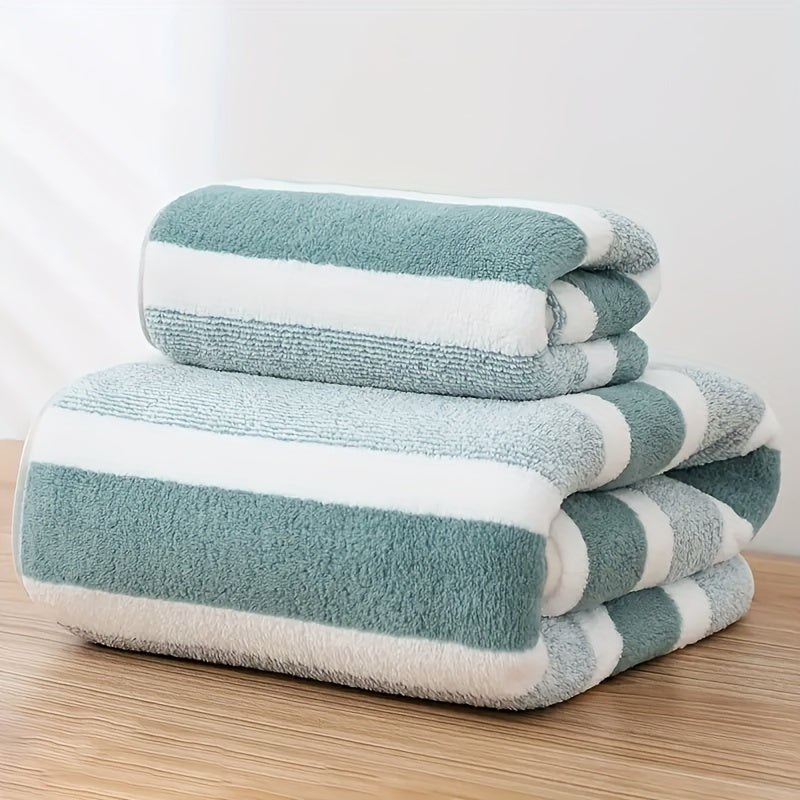 Set de Serviettes 2 Pièces | Drap de Bain et Serviette Rayée Absorbante et Séchage Rapide
