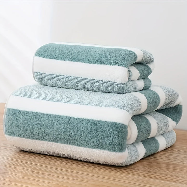 Set de Serviettes 2 Pièces | Drap de Bain et Serviette Rayée Absorbante et Séchage Rapide
