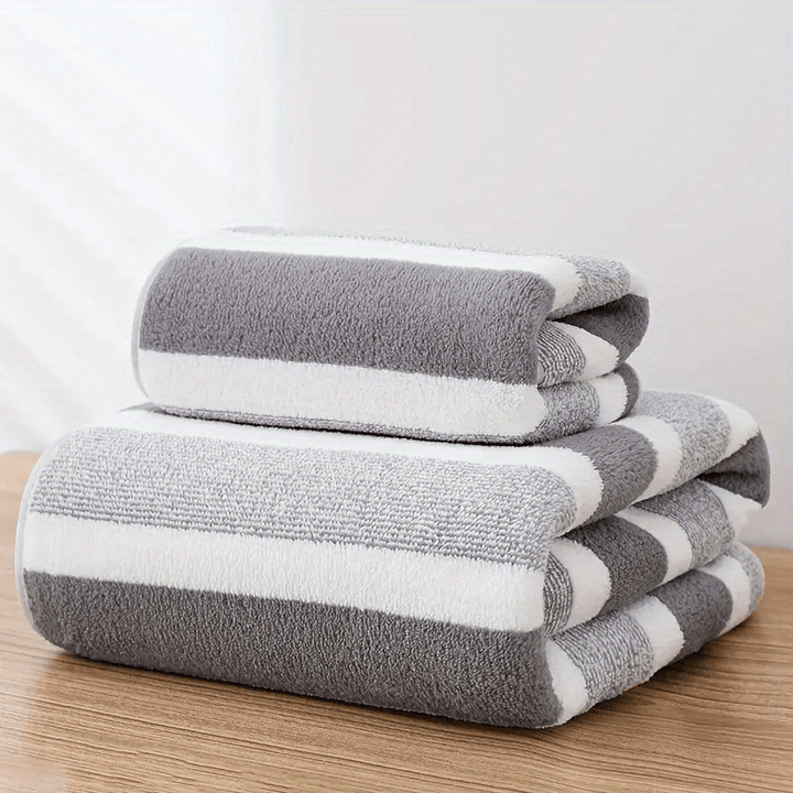 Set de Serviettes 2 Pièces | Drap de Bain et Serviette Rayée Absorbante et Séchage Rapide