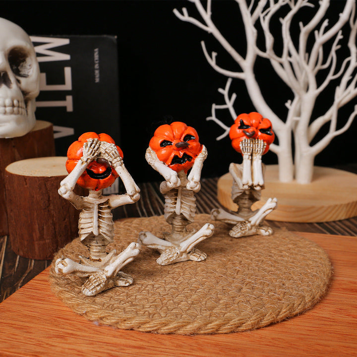 Décoration Halloween – Set 3 Squelettes Citrouille « Ne rien voir » en Résine