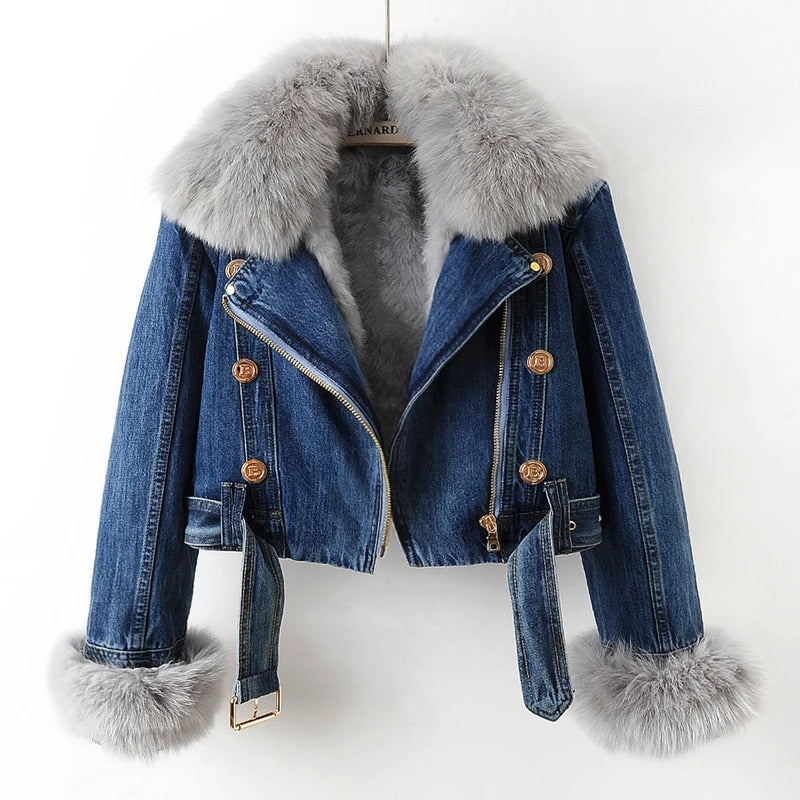 Philomène Veste en Jean avec Col en Fourrure | Confort et Élégance Rustique