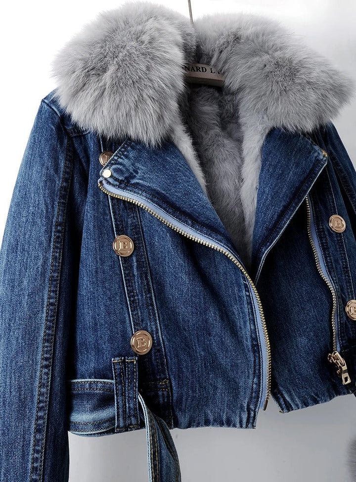 Philomène Veste en Jean avec Col en Fourrure | Confort et Élégance Rustique