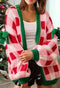 Gilet natalizio da donna con motivo scozzese rosa - Maglione in maglia aperto sul davanti, impreziosito da finiture verdi e fiocchi decorativi