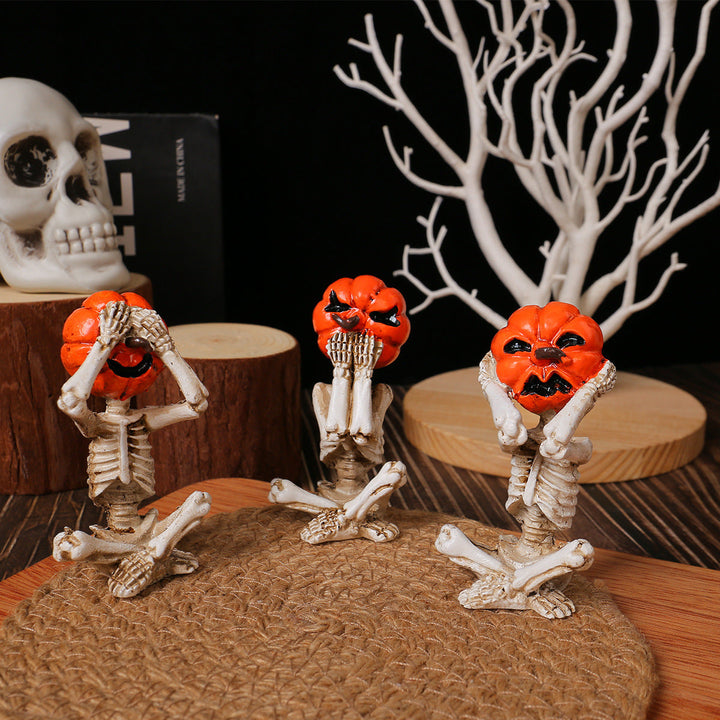 Décoration Halloween – Set 3 Squelettes Citrouille « Ne rien voir » en Résine