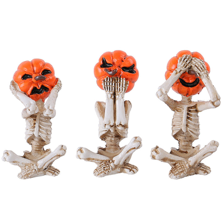 Décoration Halloween – Set 3 Squelettes Citrouille « Ne rien voir » en Résine