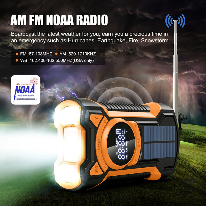 Radio de emergencia multifunción – AM/FM/NOAA, linterna, SOS, recarga solar y USB