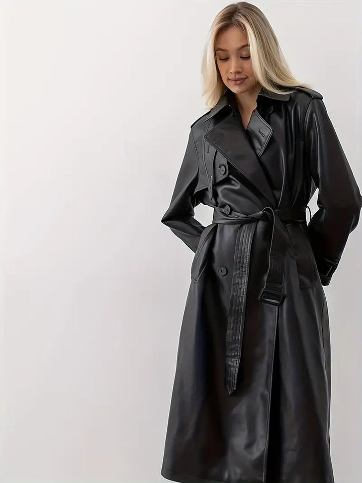 Trench-coat long en cuir femme | Ceinture, double boutonnage et larges revers