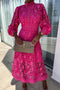 Robe midi en dentelle pour femmes - Robe élégante à col haut et à manches longues bouffantes