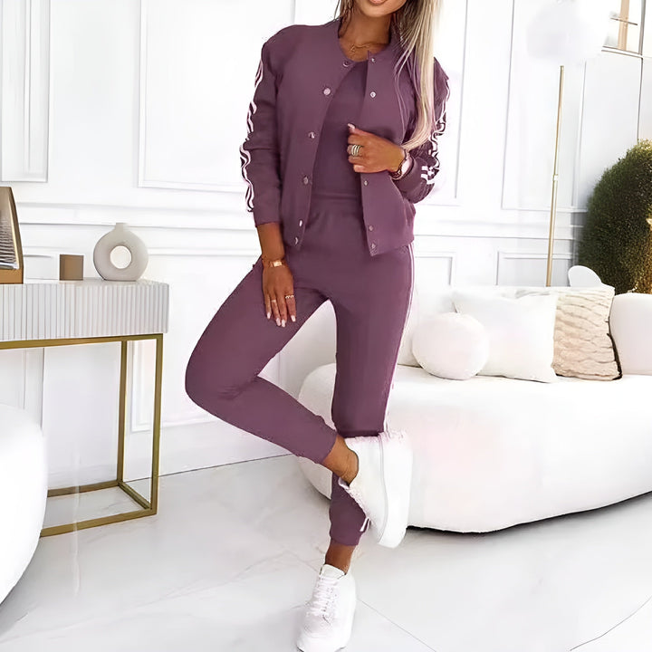 Ensemble baseball Elena 3 pièces pour femme | Tenue de printemps stylée avec gilet, pantalon & top